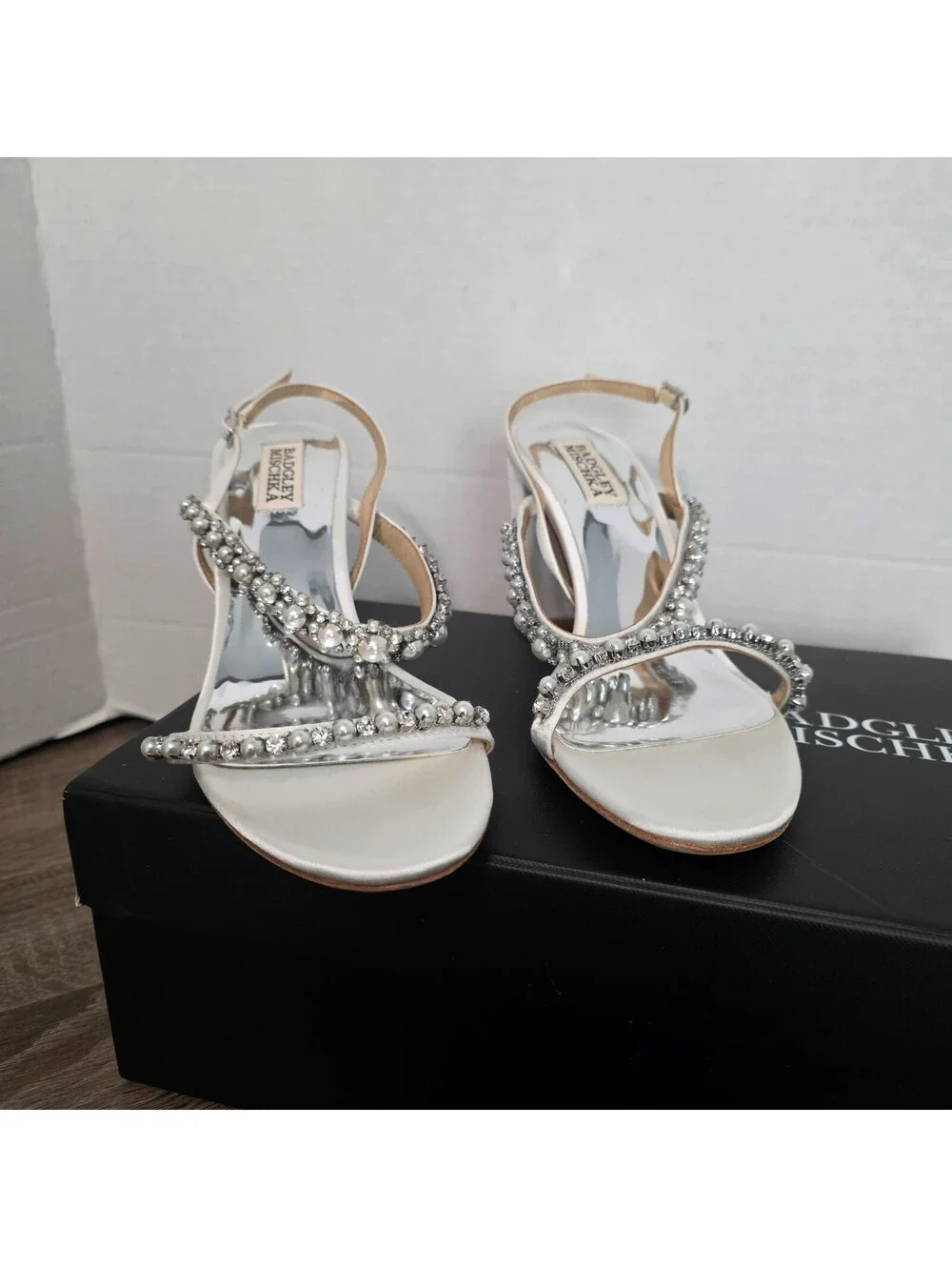 Badgley Mischka Natasha White Satin Heeled Sandals Size 7